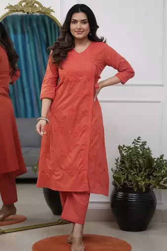 purple cotton chikankari angrakha style kurta and pant set