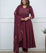 Brown elegant embroidered kurta set with floral dupatta