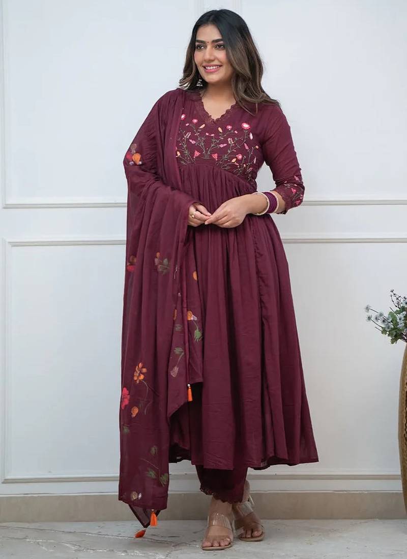 Brown elegant embroidered kurta set with floral dupatta