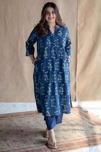 Floral printed indigo ajrakh block print pure cotton kurta