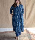 Floral printed indigo ajrakh block print pure cotton kurta
