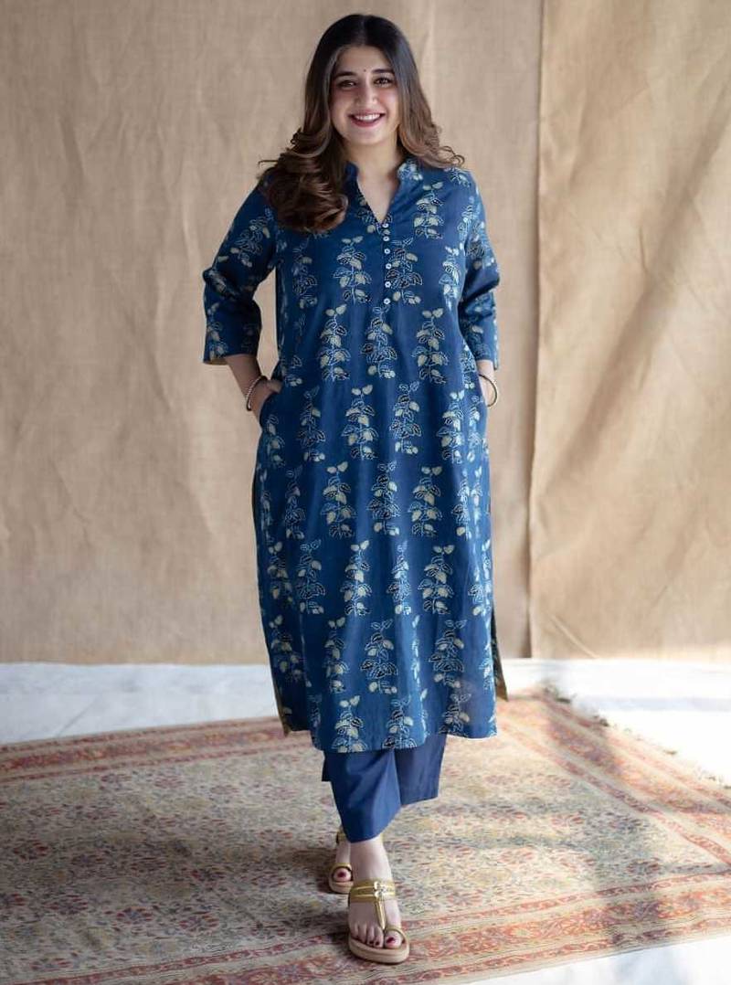 Floral printed indigo ajrakh block print pure cotton kurta