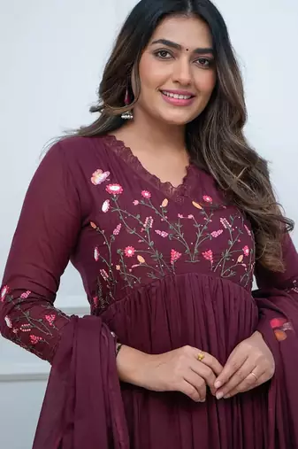 Brown elegant embroidered kurta set with floral dupatta
