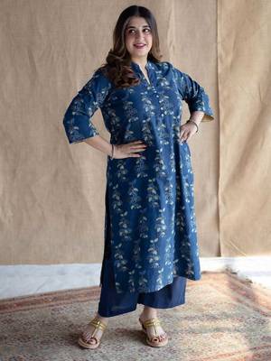 Floral printed indigo ajrakh block print pure cotton kurta 2