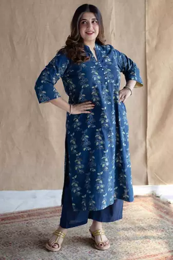 Floral printed indigo ajrakh block print pure cotton kurta