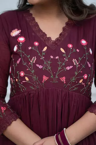Brown elegant embroidered kurta set with floral dupatta