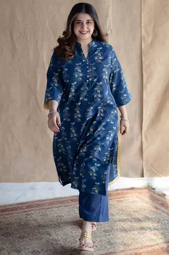 Floral printed indigo ajrakh block print pure cotton kurta