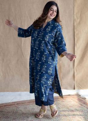Floral printed indigo ajrakh block print pure cotton kurta 4