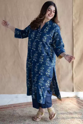 Floral printed indigo ajrakh block print pure cotton kurta