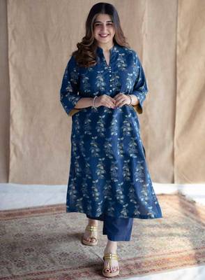 Floral printed indigo ajrakh block print pure cotton kurta 5