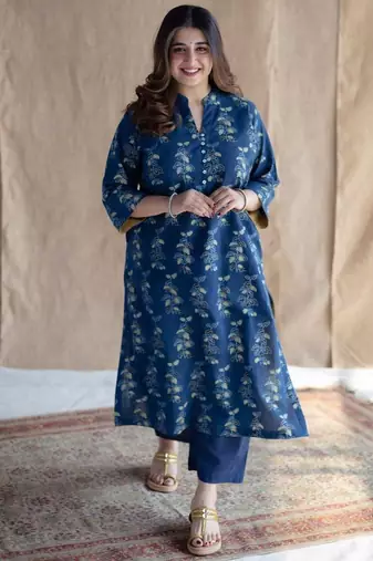 Floral printed indigo ajrakh block print pure cotton kurta