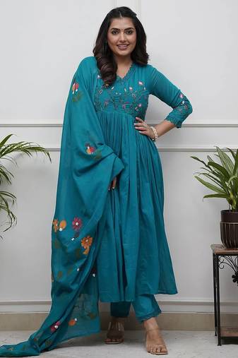 Teal blue elegant embroidered kurta set with floral dupatta