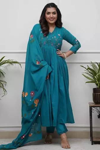 Teal blue elegant embroidered kurta set with floral dupatta