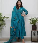 Teal blue elegant embroidered kurta set with floral dupatta
