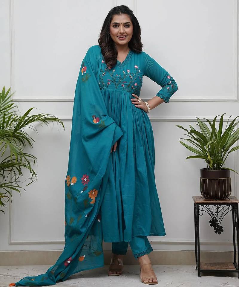 Teal blue elegant embroidered kurta set with floral dupatta
