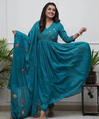 Teal blue elegant embroidered kurta set with floral dupatta 2