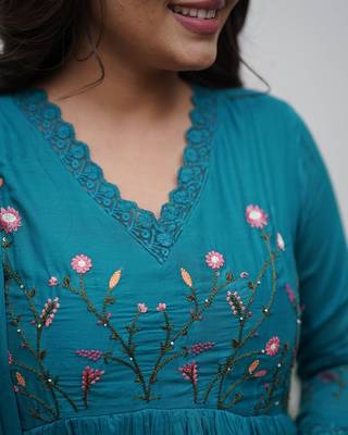 Teal blue elegant embroidered kurta set with floral dupatta 5