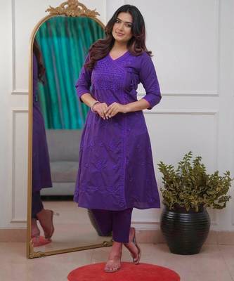 purple cotton chikankari angrakha style kurta and pant set 1