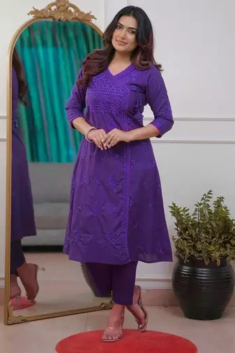 purple cotton chikankari angrakha style kurta and pant set