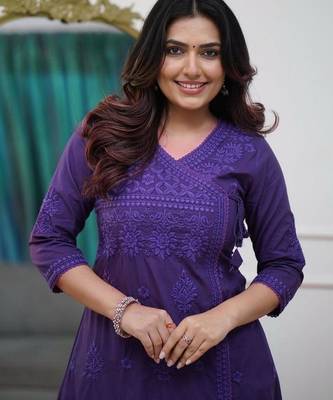 purple cotton chikankari angrakha style kurta and pant set 3