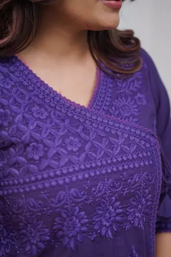 purple cotton chikankari angrakha style kurta and pant set