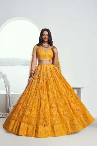 Yellow net lahenga with sequins and thread embroidered Lehenga Choli