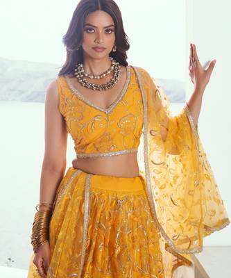 Yellow net lahenga with sequins and thread embroidered Lehenga Choli 3
