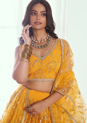 Yellow net lahenga with sequins and thread embroidered Lehenga Choli 4