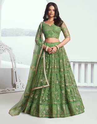 Pista green net lahenga with sequins and thread embroidered Lehenga Choli 1