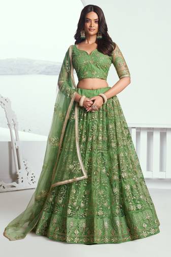 Pista green net lahenga with sequins and thread embroidered Lehenga Choli