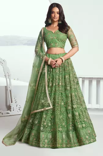Pista green net lahenga with sequins and thread embroidered Lehenga Choli