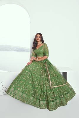 Pista green net lahenga with sequins and thread embroidered Lehenga Choli 2