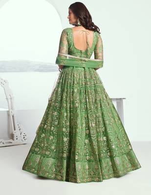 Pista green net lahenga with sequins and thread embroidered Lehenga Choli 5
