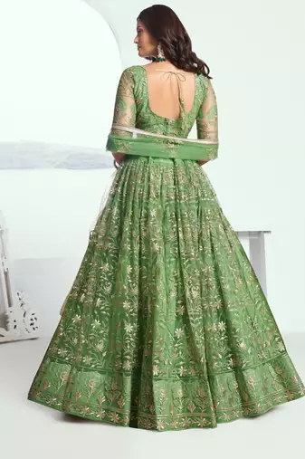Pista green net lahenga with sequins and thread embroidered Lehenga Choli