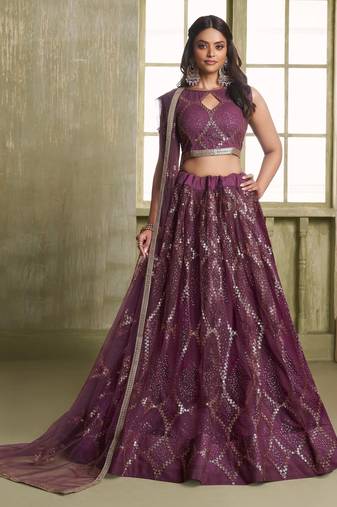 Deep Wine net lahenga choli with sequins and thread embroidered Lehenga Choli