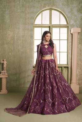 Deep Wine net lahenga choli with sequins and thread embroidered Lehenga Choli 2