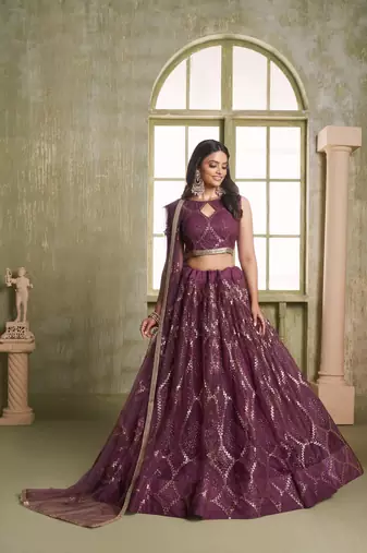 Deep Wine net lahenga choli with sequins and thread embroidered Lehenga Choli