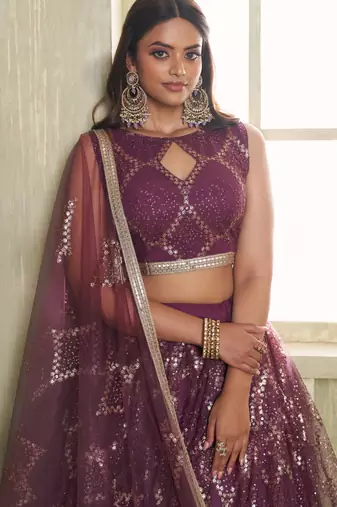 Deep Wine net lahenga choli with sequins and thread embroidered Lehenga Choli