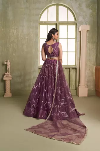 Deep Wine net lahenga choli with sequins and thread embroidered Lehenga Choli