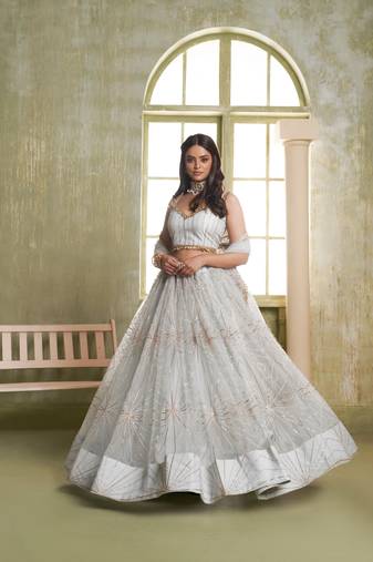 Light gray net lahenga choli with sequins and thread embroidered Lehenga Choli