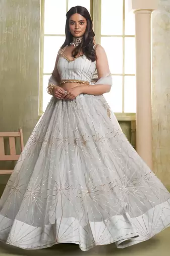 Light gray net lahenga choli with sequins and thread embroidered Lehenga Choli