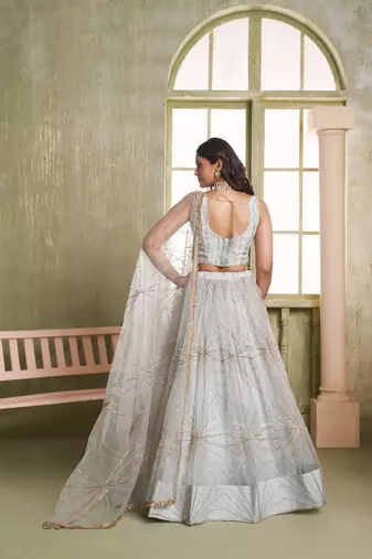 Light gray net lahenga choli with sequins and thread embroidered Lehenga Choli