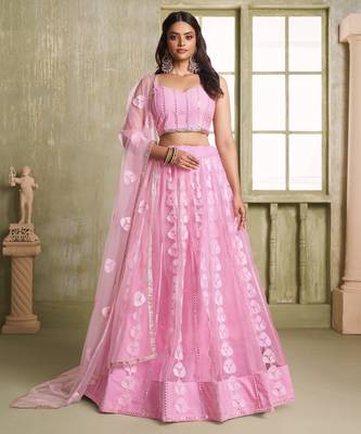 Pink net lahenga choli with sequins and thread embroidered Lehenga Choli 1