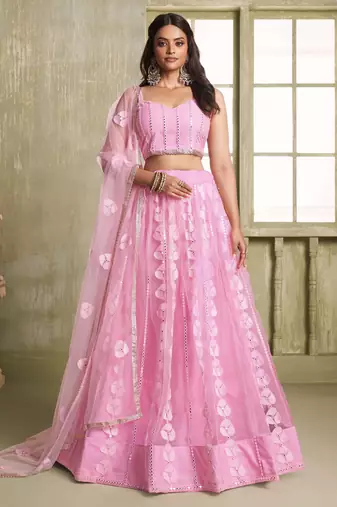 Pink net lahenga choli with sequins and thread embroidered Lehenga Choli