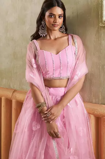 Pink net lahenga choli with sequins and thread embroidered Lehenga Choli