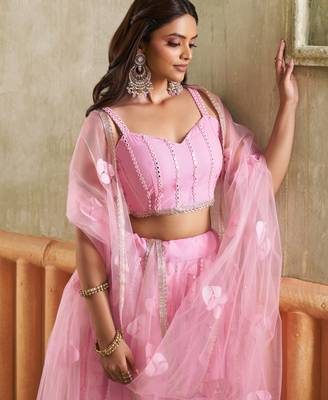 Pink net lahenga choli with sequins and thread embroidered Lehenga Choli 4
