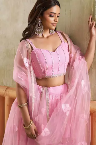 Pink net lahenga choli with sequins and thread embroidered Lehenga Choli
