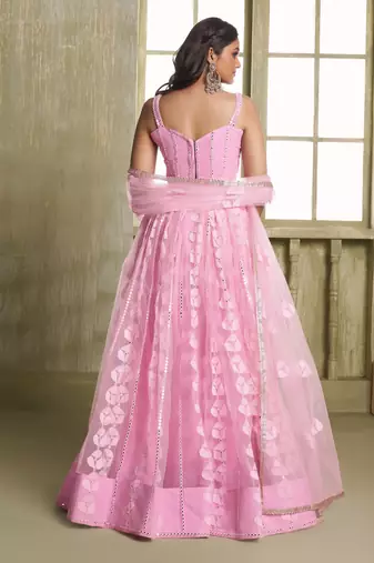 Pink net lahenga choli with sequins and thread embroidered Lehenga Choli