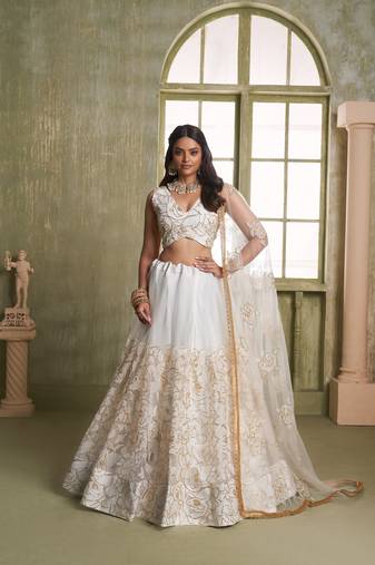 Off white net lahenga choli with sequins and thread embroidered  Lehenga Choli