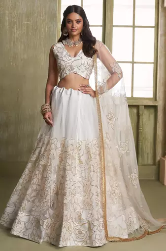 Off white net lahenga choli with sequins and thread embroidered  Lehenga Choli